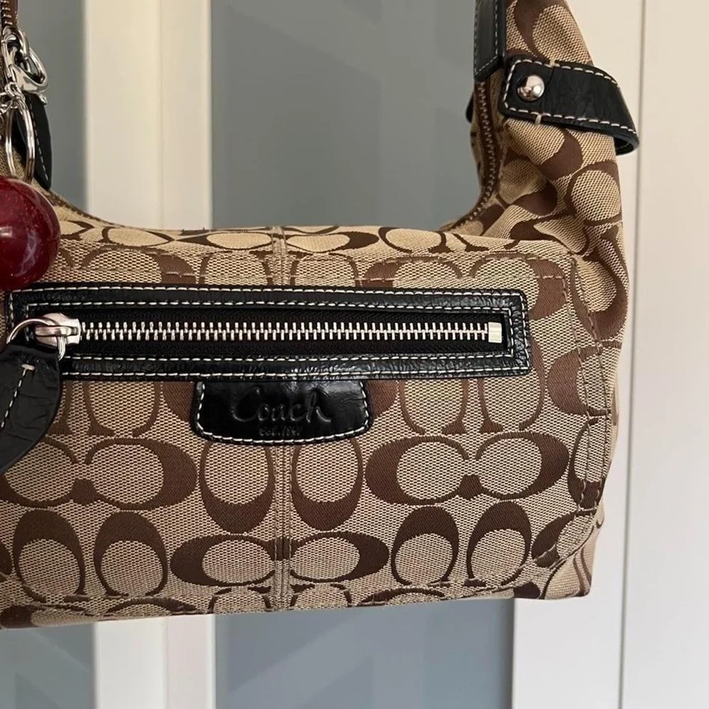 Coach Brown Signature Canvas Shoulder Bag with Black Trim
